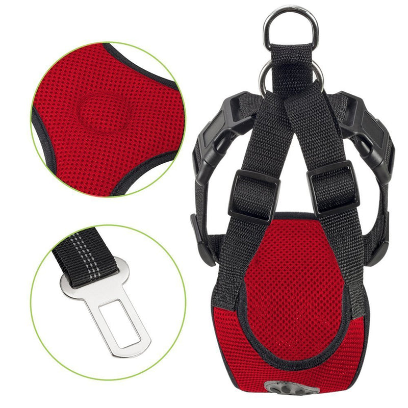 [Australia] - SlowTon Dog Car Harness Plus Connector Strap, Multifunction Adjustable Vest Harness Double Breathable Mesh Fabric with Car Vehicle Safety Seat Belt Medium Red 