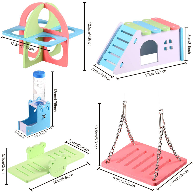 Hamster House DIY Wooden Gerbil Hideout, Rainbow Hamster Toys, Hamster Ladder Exercise Toys, Swing, Plastic Seesaw, Fitness Circle and Wooden Drinking Rack for Small Animals Habitat, 5 Pieces in Total - PawsPlanet Australia