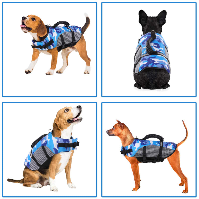 Camo Dog Life Jacket Pet Safety Vest Coat, Rescue Handle Reflective Adjustable Puppy Lifesaver Preserver, Ripstop Safety Swimsuit for Small to Large Dog in Pool Beach Lake Kayak Boat Swimming Surfing X-Small Blue - PawsPlanet Australia