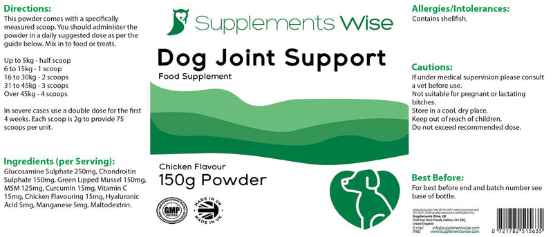Dog Supplement For Joints - With Glucosamine Chondroitin, Green Lipped Mussel, MSM, Curcumin, Hyaluronic Acid & More - 150g Powder With Serving Scoop - Joint Care & Support for Young and Senior Dogs - PawsPlanet Australia