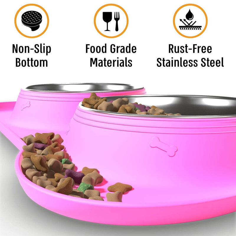Active Pets Dog Bowl Set, Stainless Steel No Spill Mess-Proof Food & Water Dog Food Bowls with Skid Resistant Silicone Mat, Dog Bowls Small Size Dog, Medium, & Large, Pet Puppy Bowls & Dog Dishes 13½ oz each Happy Pink - PawsPlanet Australia