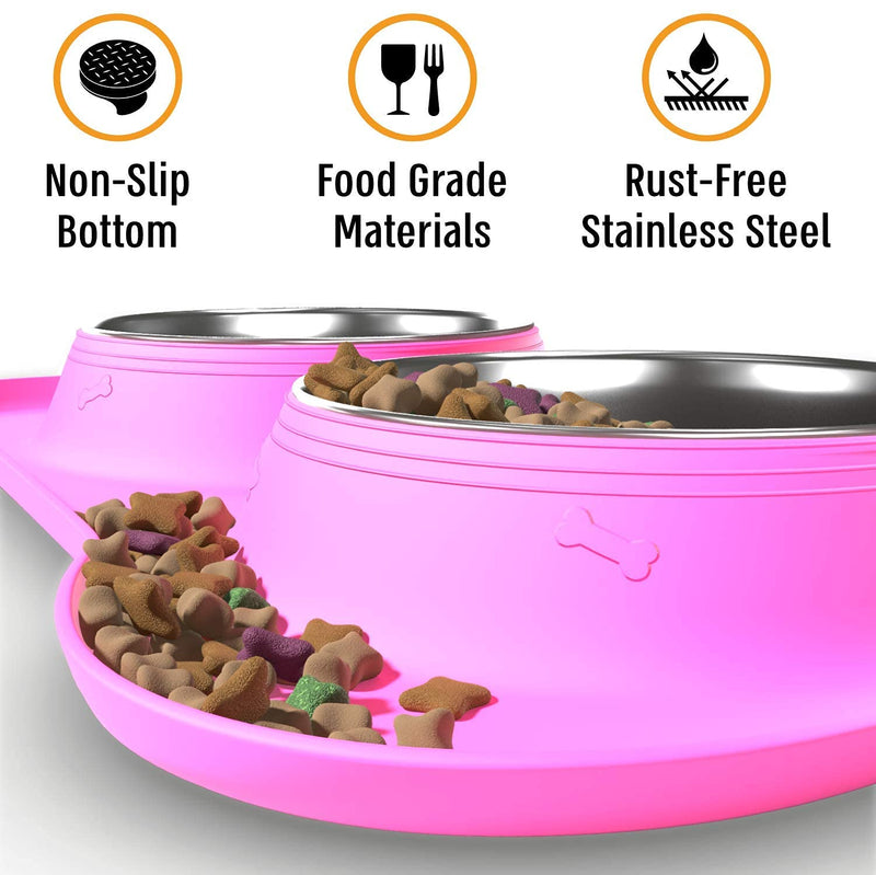 Active Pets Dog Bowl Set, Stainless Steel No Spill Mess-Proof Food & Water Dog Food Bowls with Skid Resistant Silicone Mat, Dog Bowls Small Size Dog, Medium, & Large, Pet Puppy Bowls & Dog Dishes 6½ oz each Happy Pink - PawsPlanet Australia