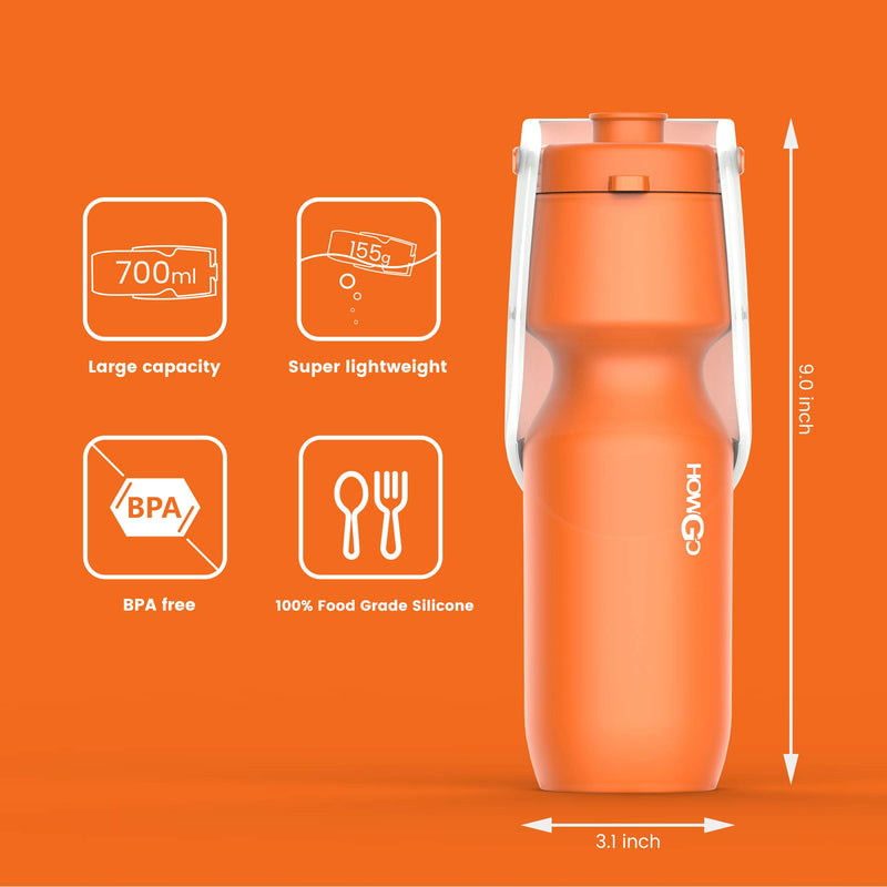 HOWGO Dog Water Bottle Super Light-Weight, Portable, Food Grade Silicone and Plastic Dog Water Bottle for Walking, Hiking, Running, Travel Dog Water Bottle, Easy to Use ORANGE - PawsPlanet Australia