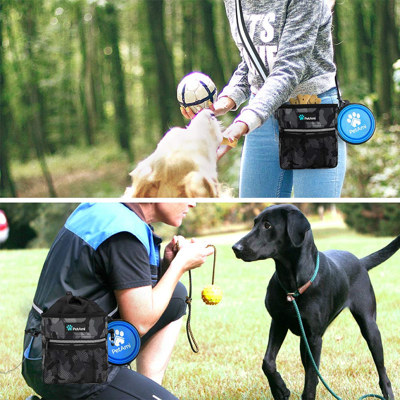 PetAmi Dog Treat Pouch | Dog Training Pouch Bag with Waist Shoulder Strap, Poop Bag Dispenser and Collapsible Bowl | Treat Training Bag for Treats, Kibbles, Pet Toys | 3 Ways to Wear One Size Camo Black - PawsPlanet Australia