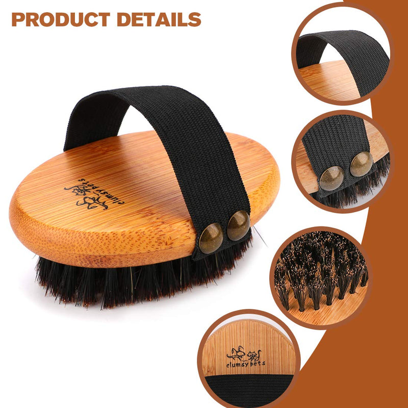clumsy pets Bamboo Grooming Palm-Held Pets Brush with Boar Bristles & Elastic Band for Dog Cat Shower Bath and Massage Palm Brush with Boar Bristles - PawsPlanet Australia