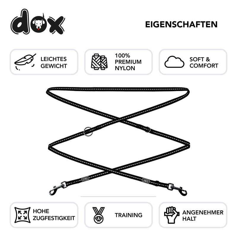 DDOXX dog leash nylon, reflective, 3-way adjustable, 2m | for small & large dogs | Double Leash Two Dog Cat Puppy | Towing leash | Lead leash | Running leash puppy leash | M, Black M - 2.0 x 200 cm - PawsPlanet Australia