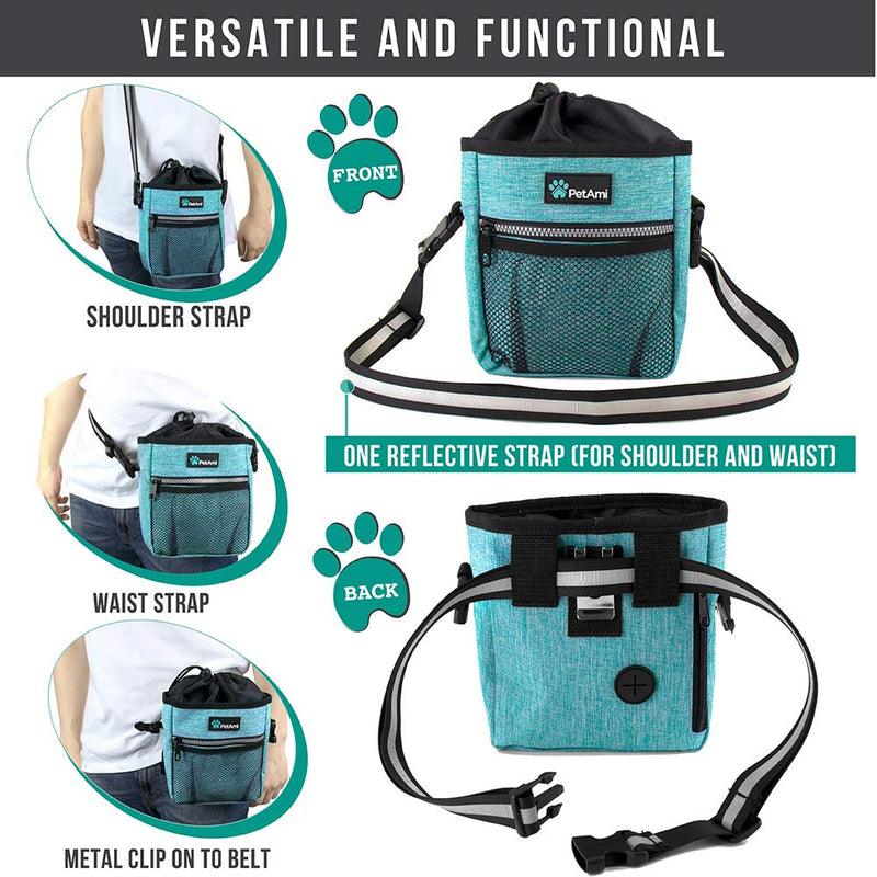 [Australia] - PetAmi Dog Treat Pouch | Dog Training Pouch Bag with Waist Shoulder Strap, Poop Bag Dispenser and Collapsible Bowl | Treat Training Bag for Treats, Kibbles, Pet Toys | 3 Ways to Wear One Size Heather Sea Blue 