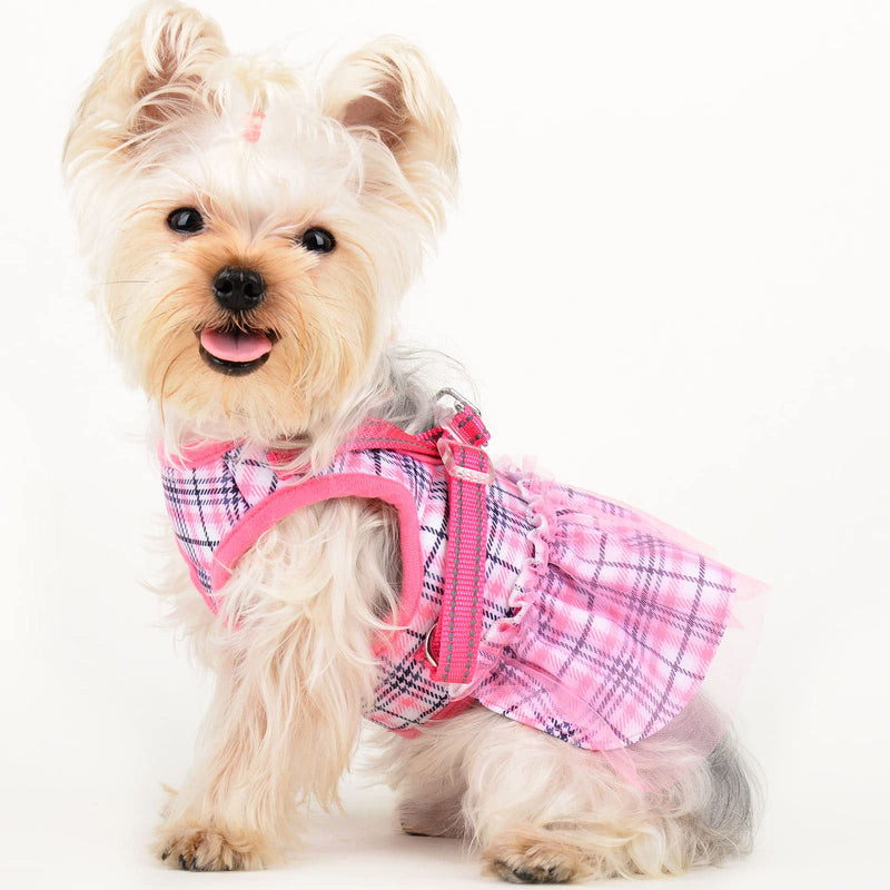 Dog Harness Dress, Plaid Dog Harness Dress with Leash Set, Summer Cute Pet Dog Clothes,Girl Puppy Dresses for Girl Small Dogs, Chihuahua Harness (Medium) Medium Pink Harness+Rope - PawsPlanet Australia