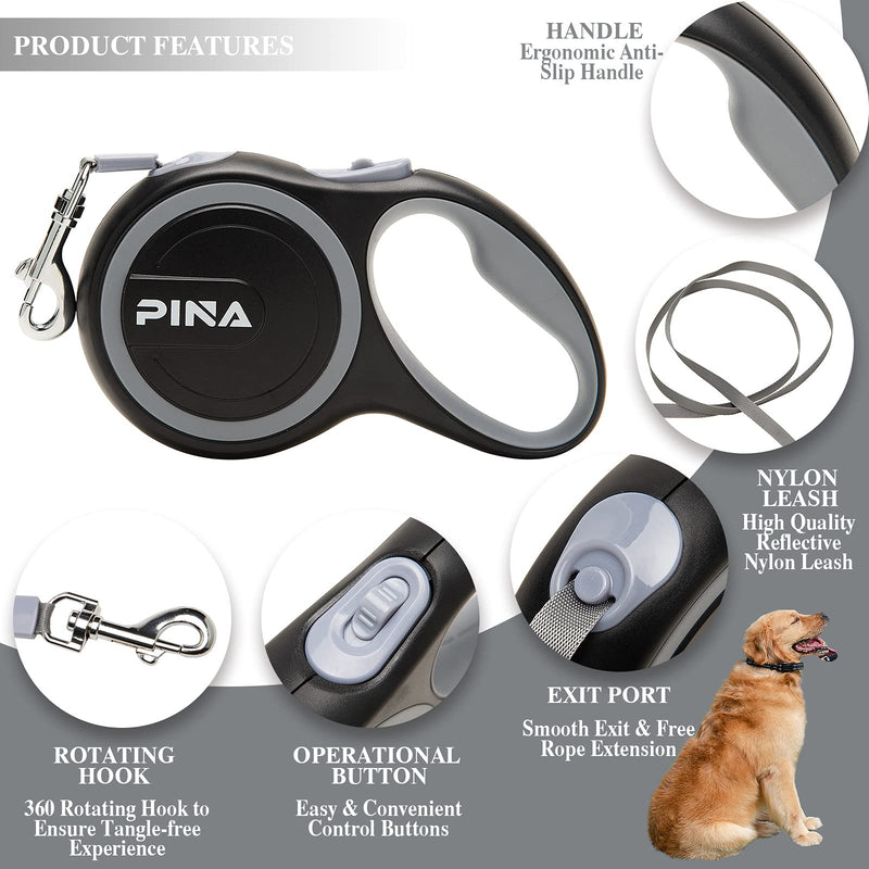 PINA Retractable Dog Leash, 26ft Dog Leash for Small Medium Large Dogs Up to 110lbs, 360° Tangle-Free Strong Reflective Nylon Tape, with Anti-Slip Handle, One-Handed Brake, Pause, Lock 16FT Black Gray - PawsPlanet Australia