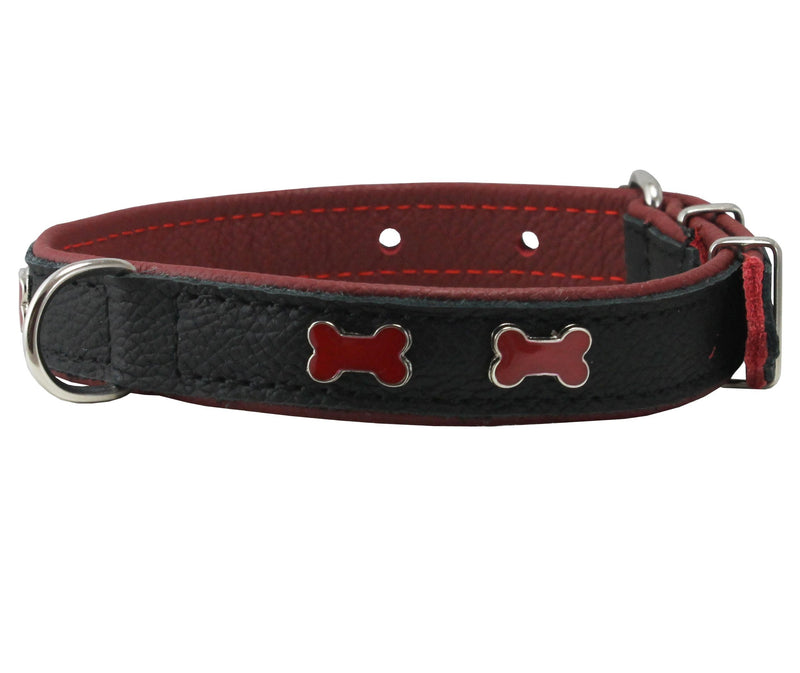 [Australia] - Genuine Black Leather Metal Bone Studs Soft Black Leather Padded Dog Collar 5/8" Wide. Fits 10"-12" Neck. 