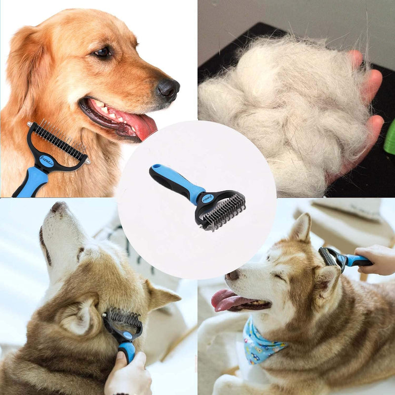 JASWELL Pet Grooming Tool- 2 Sided Undercoat Rake for Dogs &Cats-Safe and Effective Dematting Comb for Mats&Tangles Removing-No More Nasty Shedding or Flying Hair Blue - PawsPlanet Australia