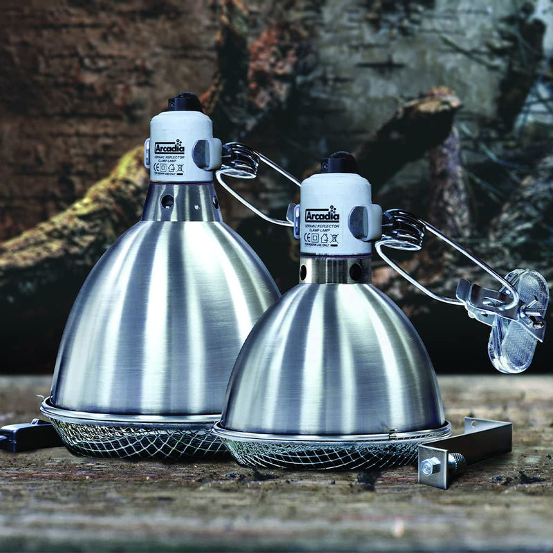 Arcadia Reptile - Reflector Clamp Lamp - Stainless Steel - Includes Ceramic Holder & Bolt Through Locking System, Safety Mesh, Viv Adapter & Hanging Wire - E27 – 8”/ 20cm - Easy To Fit - PawsPlanet Australia