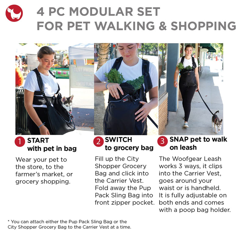 Woofgear Dog or Cat Front Pet Carrier Sling for Small Dogs | 4 Piece Hands-Free Harness with Puppy Pouch, Shopping Bag, and Jogging Leash for City, Travel, and Hiking | Breathable Mesh Up to 10 lbs. Small (up to 10 lbs.) Black 4 Piece Set - PawsPlanet Australia