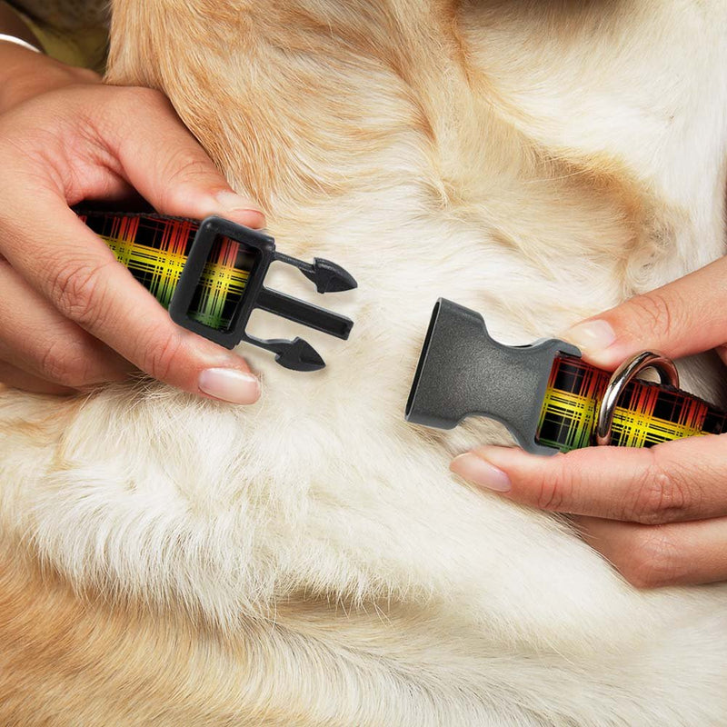 [Australia] - Buckle-Down Dog Collar Plastic Clip Plaid Black Rasta Available in Adjustable Sizes for Small Medium Large Dogs 1" Wide - Fits 11-17" Neck - Medium 