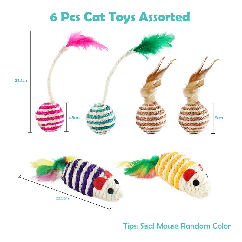 PETTOM 6 Pcs Cat Toy Sisal Balls Colorful Interactive Cat Toy Mice with Feathers Small Kitten Scratching Rolling Balls - PawsPlanet Australia