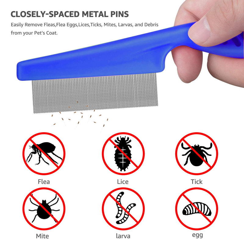 BENSEAO Flea Comb for Cats Dog Comb Lice Comb Metal Teeth Durable Tear Stain Dog Combs Remove Float Hair Combing Tangled Hair Dandruff Pet Comb Grooming Set 3 Pieces Add Storage Pouch (Blue) Blue - PawsPlanet Australia