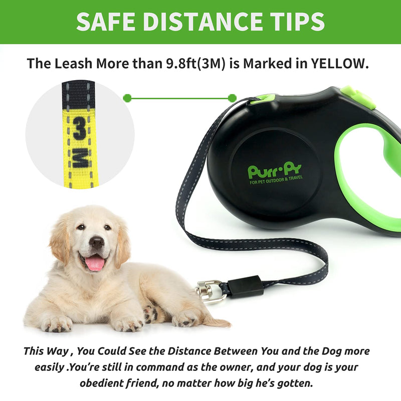 Purrpy Retractable Dog Leash , 16 Ft Dog Walking Leash for Small Medium Dogs Up to 50lbs , 360°Tangle Free, Reflective Nylon Tape , with Anti-Slip Handle Green - PawsPlanet Australia