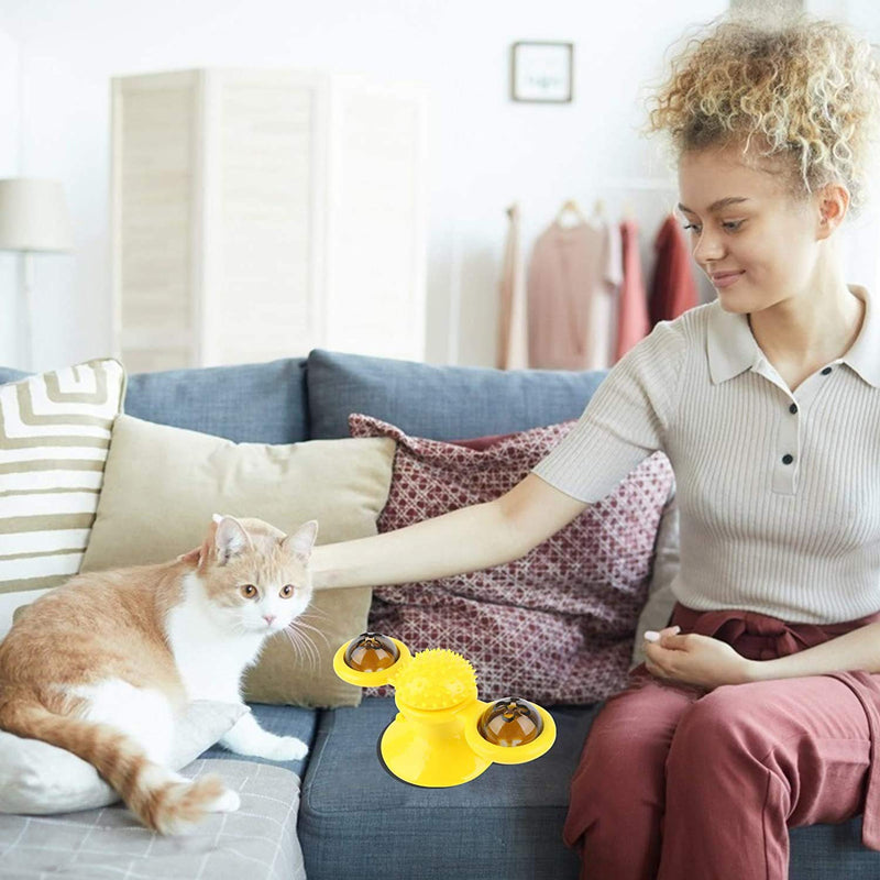 GWL Windmill Cat Toy, Windmill Cat Toy Turntable, Interactive Teasing Cat Toy, Windmill Cat Toys with Suction Cup, Can Clean Teeth and Comb Massage and IQ Improvement, with Catnip Game Toy (Yellow) Yellow - PawsPlanet Australia