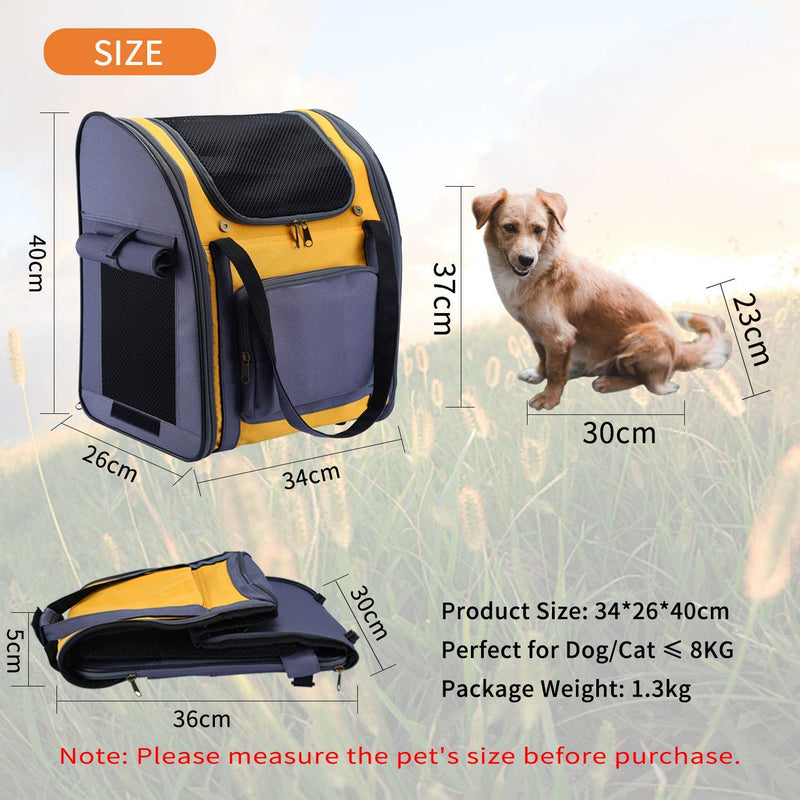 PETTOM Pet Backpack Carrier for Dogs Cats Puppies Bunny, Pet Carry Bag with Ventilated Design, Sun-proof Curtains, Two-Sided Entry, Head Window, Removable Fleece Mat for Outdoor Travel Hiking 36 * 26 * 40 CM Yellow - PawsPlanet Australia