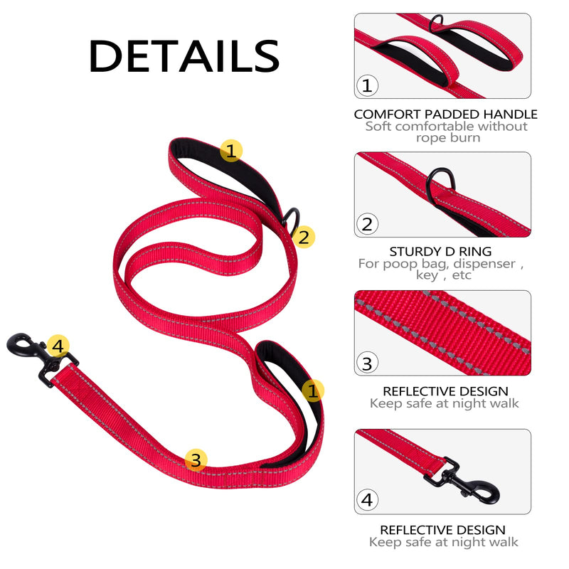 Aepeasti Dog Leash for Medium to Large Dogs with Two Padded Handles 5FT/6FT, Double Handle Dog Leash, Reflective Training Leash, Durable Traffic Leash 6FT Red - PawsPlanet Australia