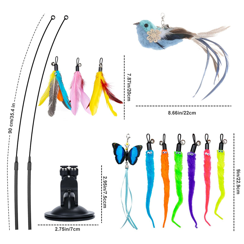 MEYDLL Pack of 14 Interactive Cat Toys with Feather Cat Fishing Rod Cat Feather Toy with 2 Hole Suction Cups for Kitten Cat Magic Wand Toy Wire with Bird Feathers Butterfly Worm Color 1/14 Piece Cat Toy - PawsPlanet Australia