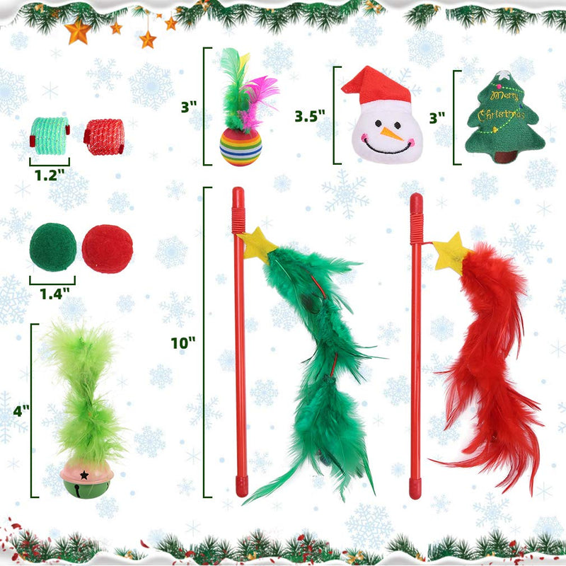 [Australia] - BINGPET Christmas Cat Stocking Toys - 10 Pcs Cat Feather Mice Catnip Toys Set with Interactive Wand for Kitty Kitten Variety Pack 