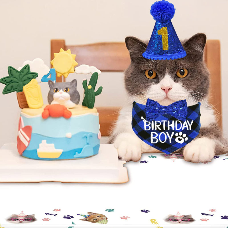 STMK Cat Birthday Party Supplies, Cat Birthday Hat with Cat Birthday Bandana Bow Tie Collar Birthday Number Cat Birthday Decorations for Cat Kitten Birthday Outfits Blue Cat Birthday Hat & Bandana & Bow Tie & Number - PawsPlanet Australia