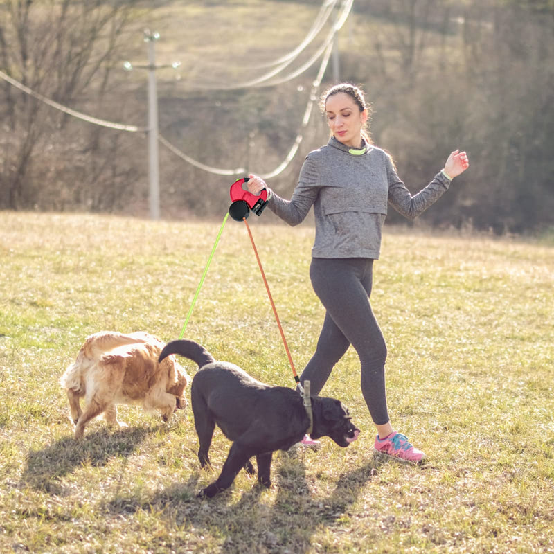 Double Retractable Dog Leash with Non-Slip Handle & Adjustable 3M Dog LeashRetractable Dog Leash Double Leash with Garbage Box, Nylon Strap One-Hand Brake Pause Lock (Red) Red - PawsPlanet Australia