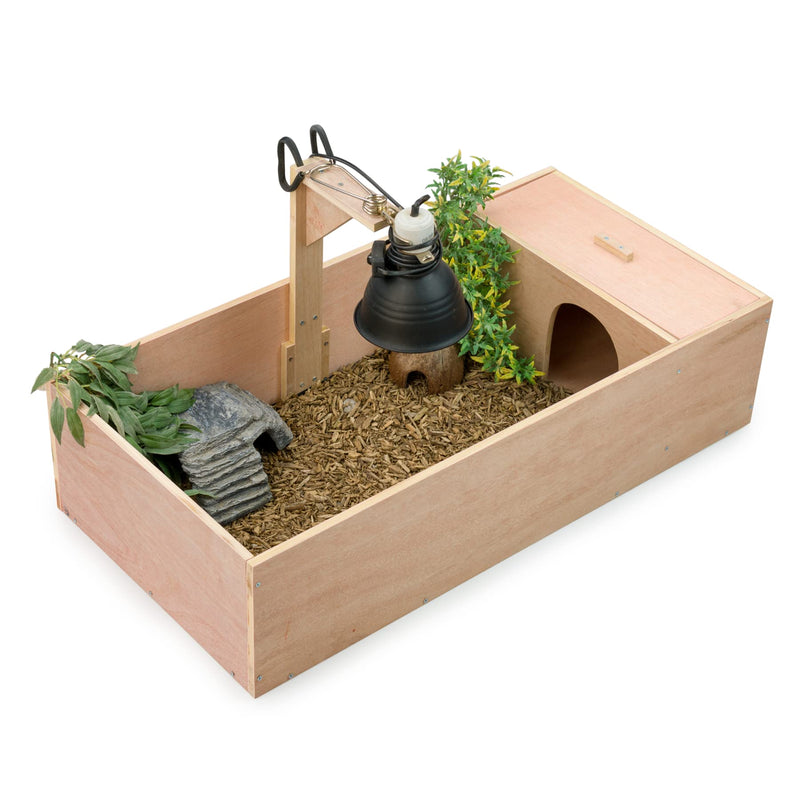 KCT Wooden Tortoise Table Reptile Vivarium Cage Hide with Open Run and Lamp Arm Natural - PawsPlanet Australia