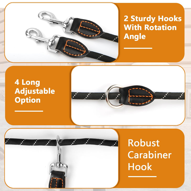 Dog leash 3 m adjustable for large and medium-sized dogs, adjustable double leash made of nylon with 2 carabiner hooks and 3 rings, dog leash 14 mm (black) - PawsPlanet Australia