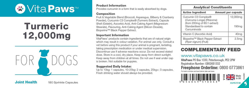 Curcumin/Turmeric 180 Capsules for Dogs 1500mg with Piperine | Popular Supplement for Joint Support | Manufactured in The UK - PawsPlanet Australia