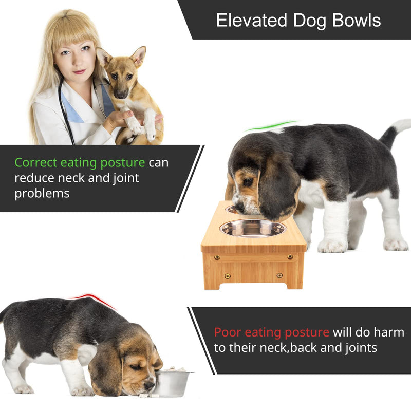 Raised dog bowls for Small Dogs, Elevated Dog Bowls Bamboo, Dog bowl stand with 2 Stainless Steel Bowls by Nothing burger Small-10.16cm tall, 21 Oz bowl - PawsPlanet Australia