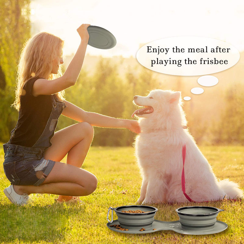 [Australia] - WINSEE Collapsible Dog Bowls with Mat, Portable Foldable Travel Dog Bowls, Expandable Cup Dish, No Spill Non-Skid Silicone Pet Food&Water Feeder Bowl with Free Frisbee& Carabiner, for Indoor, Outdoor 