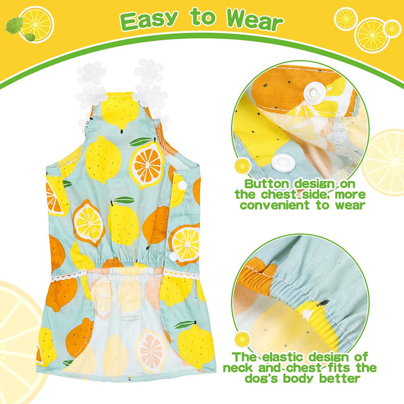 PUPTECK 2 Pack Summer Pet Dresses for Small Medium Dogs Girl, Hawaiian Dog Clothes with Cute Fashion Lemon Pattern - Soft and Lightweight Fabric, Bright S:Back: 11.5in Chest: 16in Neck: 11.5in - PawsPlanet Australia