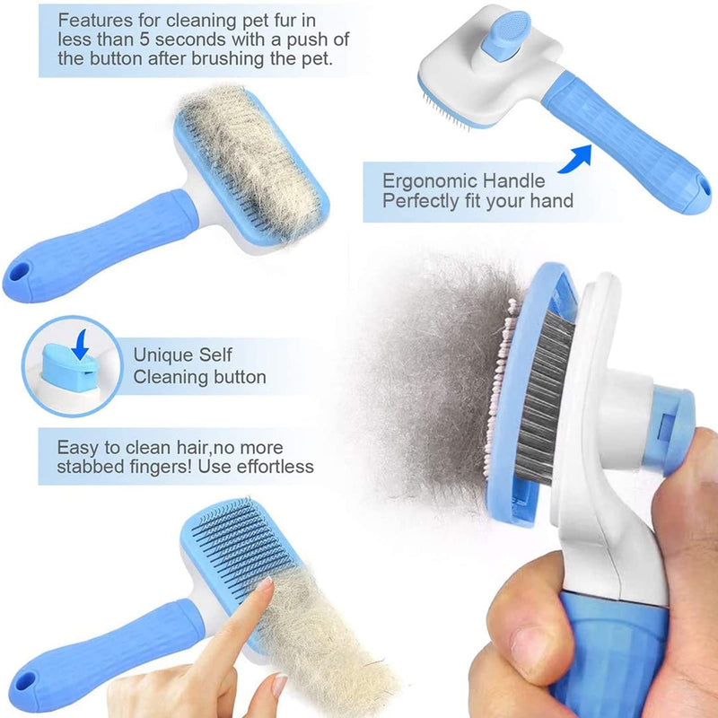 Dog Brush Cat Brush Grooming Comb,Self Cleaning Cat Dog Slicker Brushes with Smooth handle,Pet Grooming Tool with Cleaning Button for Cat Dog Shedding Brush Cat Dog Massage Clean Tangled Brush(Blue) Blue - PawsPlanet Australia
