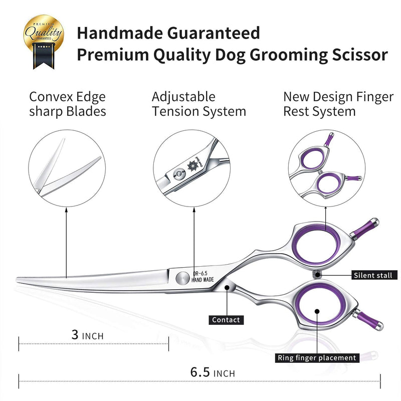 Dream Reach Grooming Scissors 6.5 Inch Curved Dog Scissors Cat Scissors Dog Hair Scissors Dog Scissors for Grooming for All Dogs Cat Cutting and Grooming Japanese 440C Stainless Steel Handmade Purple Purple (Down) - PawsPlanet Australia