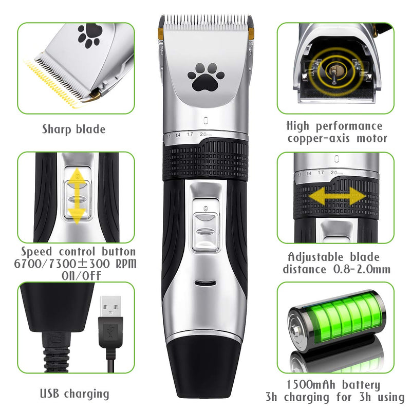 Dog Grooming Clippers, Focuspet 2 Speed Adjustable Dog Clippers Rechargeable Cordless Low Noise Dog Clippers Kit Electric Hair Trimming Set Pet Hair Shaver Detachable Blade with 4 Comb Guides Dog Clippers Set - PawsPlanet Australia