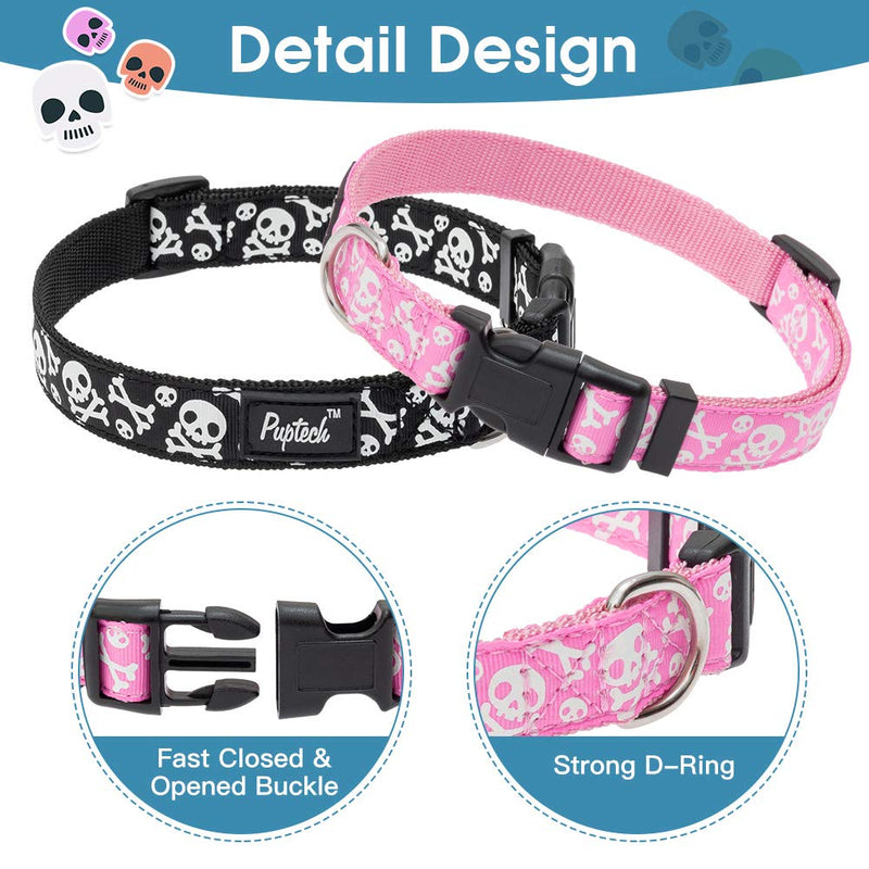 PUPTECK Halloween Skull Pattern Dog Collar 2 Pack (Pink&Black) for Small Medium and Large Dogs - Glow in the Dark - Adjustable Pet Collars with Luminous Design - PawsPlanet Australia