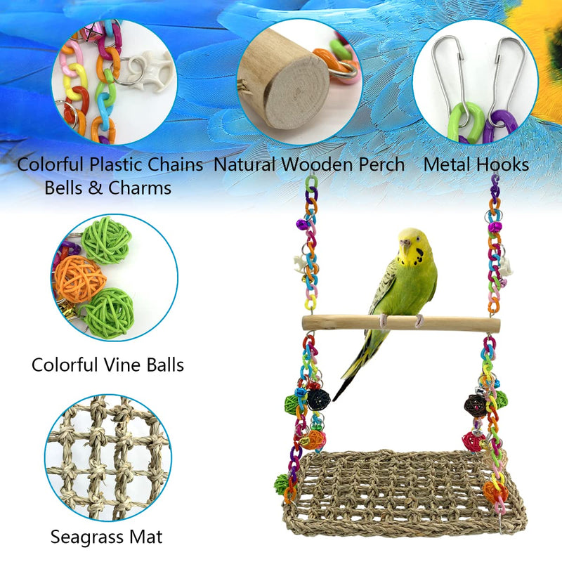 Vehomy Bird Seagrass Swing Toys with Wood Perch Bird Parrot Trapeze Swing Seagrass Bird Climbing Hammock Bird Perch Stand Chewing Toy for Lovebird, Cockatiel, Budgie, Conure Parrotlet, Parakeets - PawsPlanet Australia