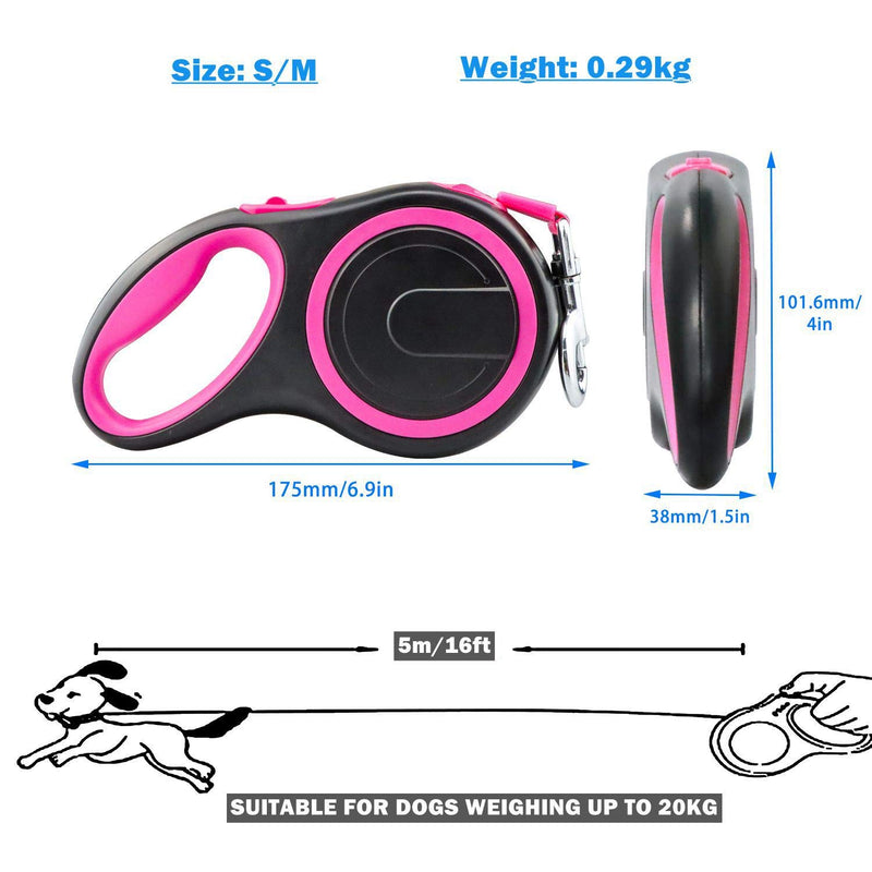 BenRich Retractable Dog Lead, 5m/16ft Heavy Duty Strong Tangle Free Extendable Dog Lead Leash Anti-Bite Nylon Tape, One-Hand Brake, Pause, Lock, for Dogs Up to 20kg (Small/Medium, Pink) Small/Medium - PawsPlanet Australia