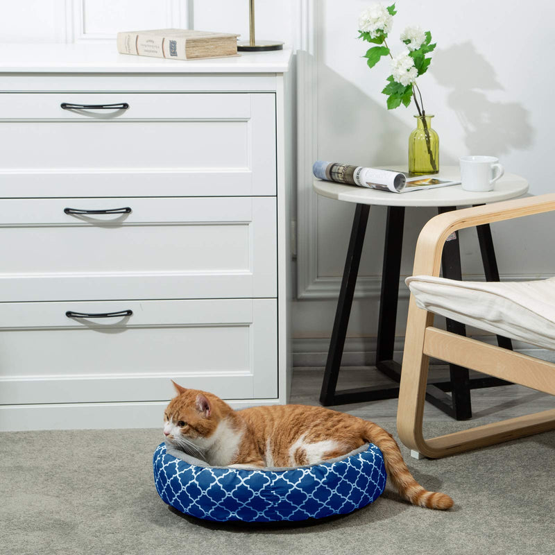 Uozzi Bedding Warming Donut Cushion Cat Bed, Calming Pup Small Pet Dog Bed, Non-Slip Bottom, Machine Washable Flannel 17" Round Bed for Puppy and Kitten with Fluffy Comfy Lining Plush - Blue - PawsPlanet Australia