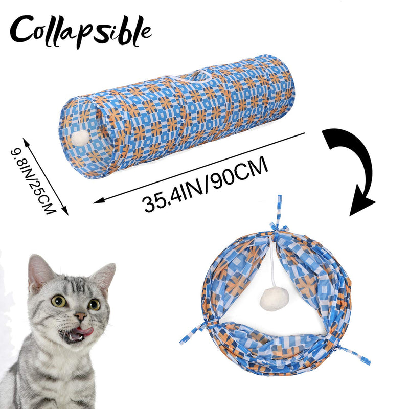 LUCKITTY Cat Kitten Tunnel Tube Toy with Plush Ball-Portable Tattaff Material Waterproof Durable Washable-Interesting Geometric Pattern Collapsible-35.4Inch/90CM Orange Blue - PawsPlanet Australia