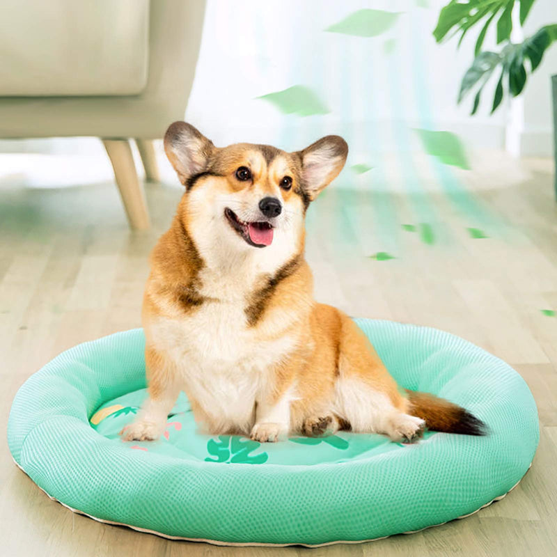 ROZKITCH Cooling Dog Bed, Soft Summer Ice Pet Pad Cushion for Small Dog Sleeping, Round Breathable Mat with Waterproof Cover and Bottom, Non-Slip Back Washable Green 15.7"/19.6"/23.6" Dia. - PawsPlanet Australia