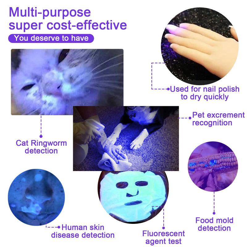 HUHKOUAE 365nm UV Flashlight Black Light,Portable Handheld USB Rechargeable Cat Ringworm Detector lamp,for Dog Cat Care and Resin Curing,Anti-counterfeiting Identification and Analyzing Skin - PawsPlanet Australia