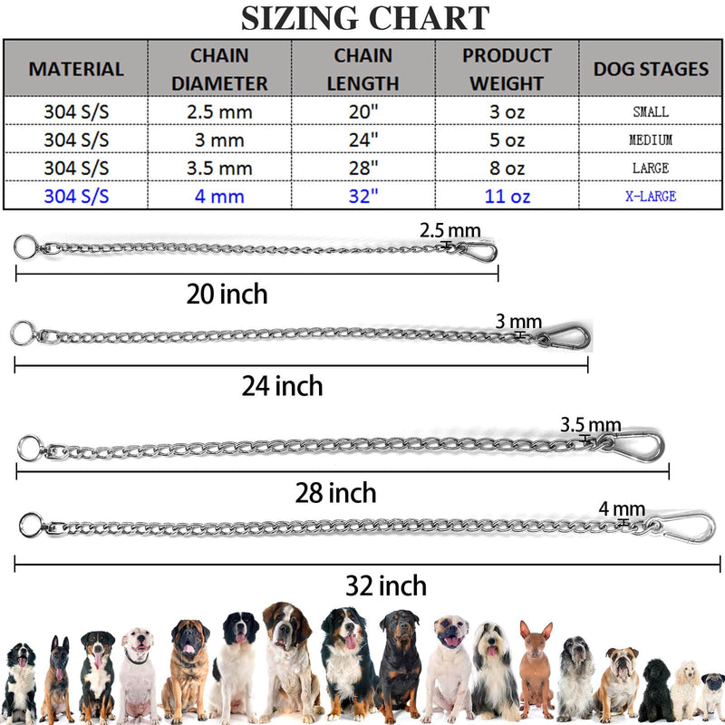 Dog Chain Leash, 304 Stainless Steel Dog Short Lead Metal Heavy Duty Chain DIY Double Dog Leashes Self-Assembly Leashes Extension&Coupler. (304 S/S 32in x 4mm) 304 S/S 32in x 4mm - PawsPlanet Australia