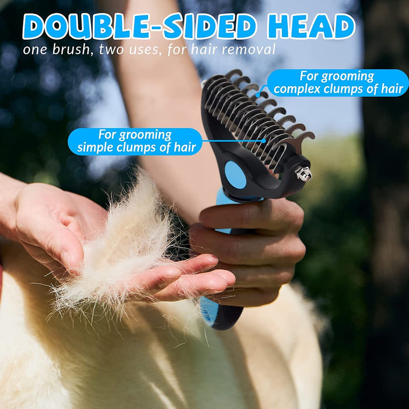Dog Brush Cat Brush, 2 Sided Undercoat Rake for Cats and Dogs, Safe Hair Removal Comb for Easily Removing Mats and Tangles Blue - PawsPlanet Australia