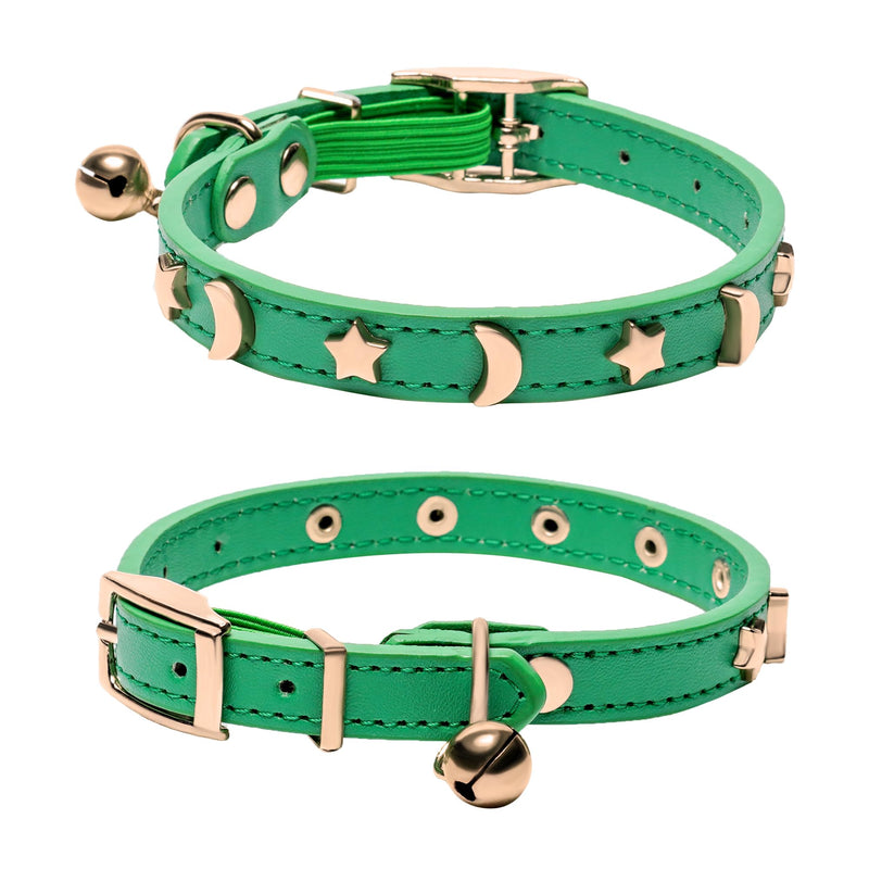 DAIHAQIKO Leather Cat Collar with Bell Cat Collar with Diamond Star Moon Green - PawsPlanet Australia