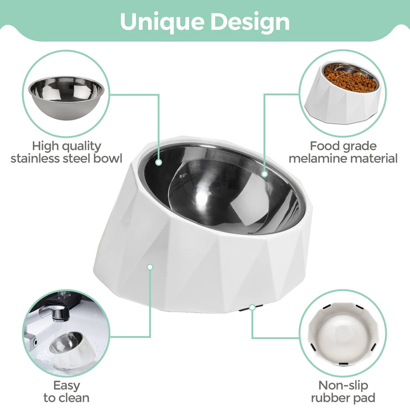 ComSaf 15°Slanted Stainless Steel Dog Bowl, 470ml Tilted Angle Raised Food Water bowl for Dog and Cat, Food Grade,Non-Skid & Non-Spill Feeding Bowl with Detachable Melamine Stand, White M/470ml - PawsPlanet Australia