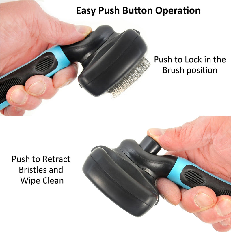 [Australia] - Self Cleaning Slicker Brush for Dogs & Cats. Press a Button & Slicker Head Wipes Clean Removing Mats Tangles & Loose Undercoat. Professional Quality Pet Grooming Tool. Ergonomic Soft Grip Handle 