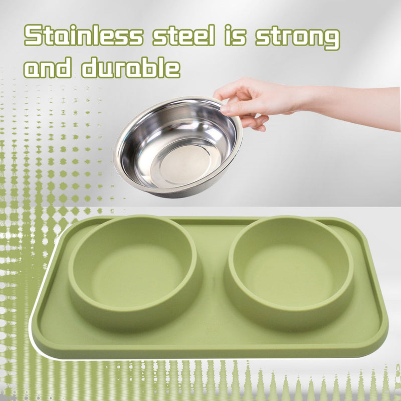 MUYG Double Dog Food Bowls Stainless Steel with No Spill Non Skid Silicone Mat Removable Dog Water and Food Bowls Set Durable Feeding Bowls for Small Dogs Puppy Cat Kitten(Green) - PawsPlanet Australia